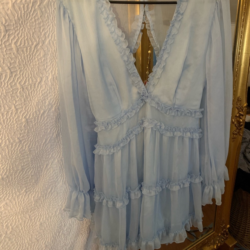 Baby blue puff sleeve ruffled mini dress